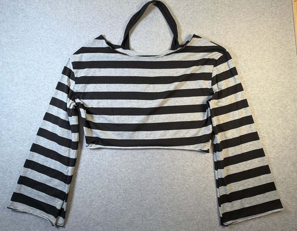Black and Gray Striped Long Flare Sleeve Halter Crop Top